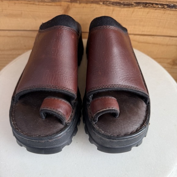 Vtg CAT Caterpillar Leather Chunky Y2K Platform Sandals Brown Sz 7 Toe Loop - Picture 5 of 8